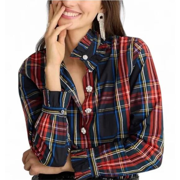 J. Crew Classic-fit Ruffleneck Jewel-Button Popover in Stewart Tartan Size 10 - Picture 1 of 10